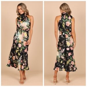 NWT Petal & Pup Anabelle Halter Neck Midi Sun Dress in Black Floral XS Sundress